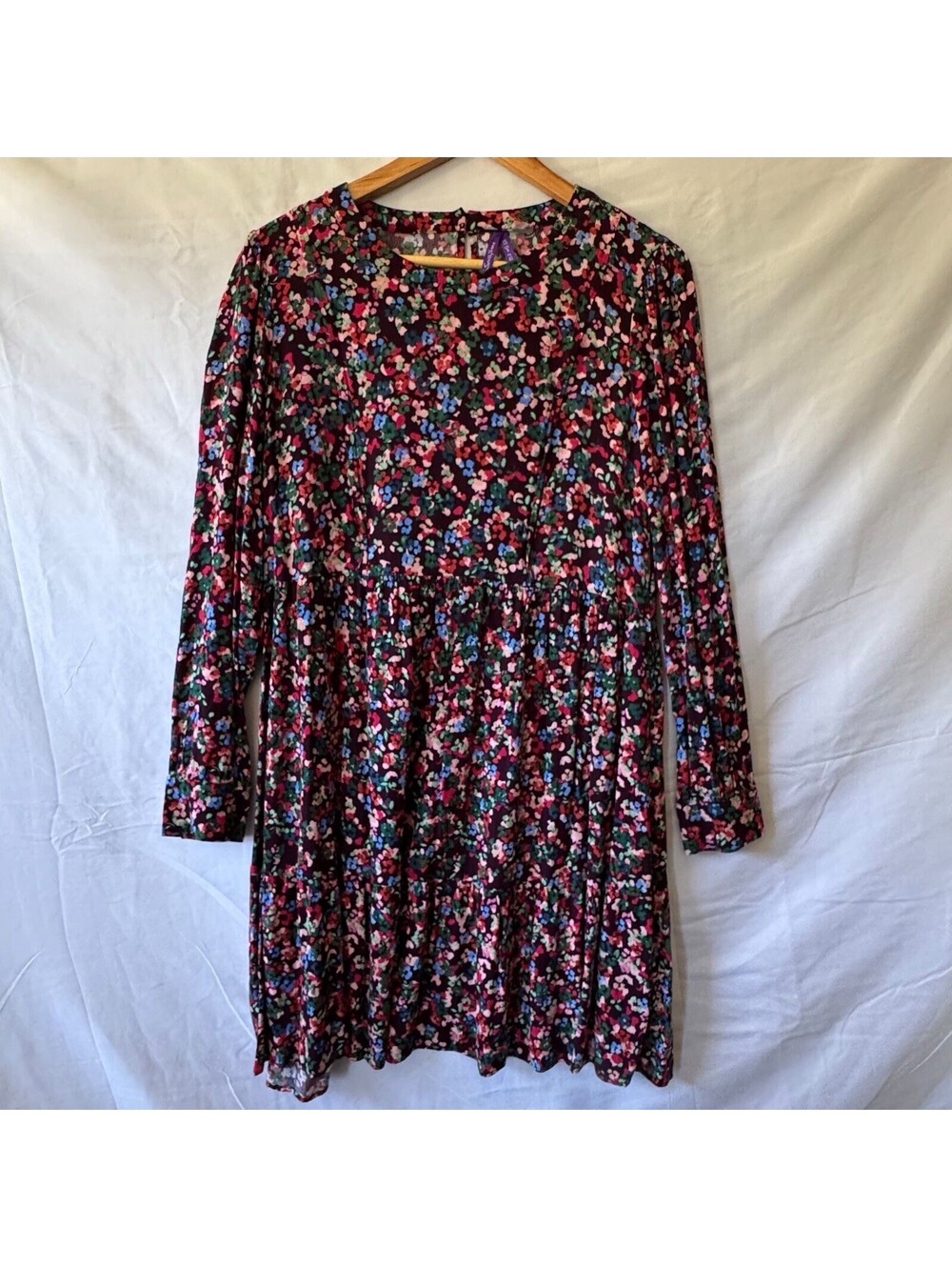 Seraphine Dress 8 Burgundy Floral Viscose Tiered Long Sleeve Boho Fall